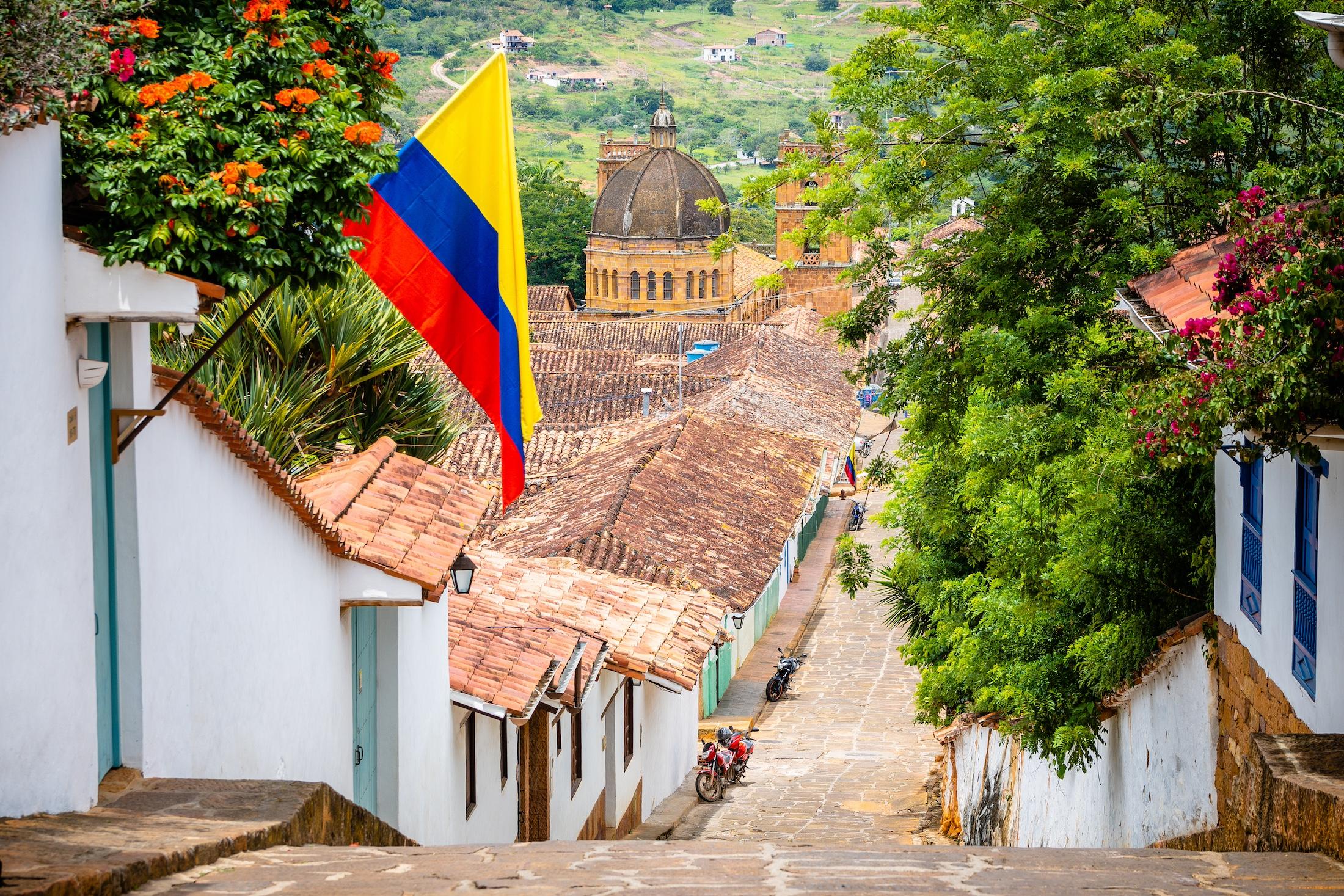 Town in Colombia showing houses, trees, and a Colombian flag